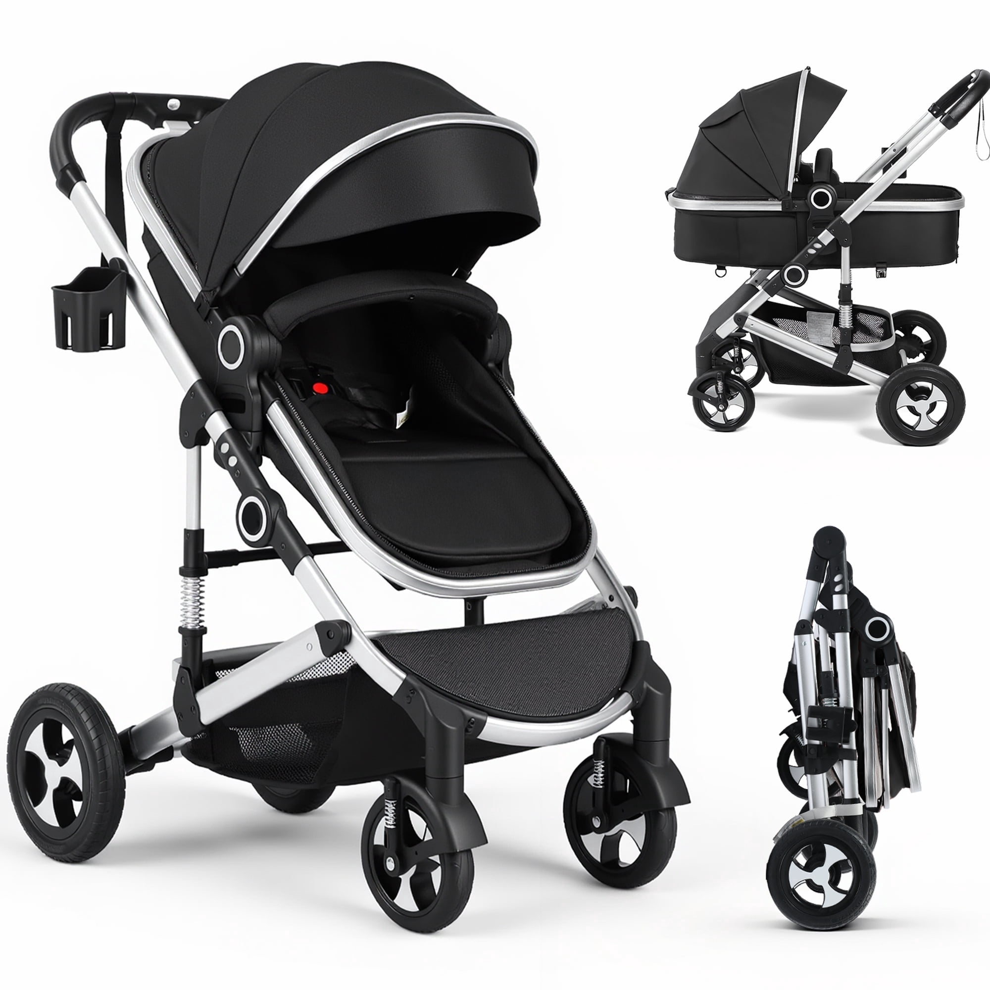 AILEEKISS 3-in-1 Convertible Baby Stroller with Big Seat and Adjustable Canopy, 24 Pounds, Black Silver
