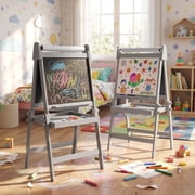 AILEEKISS Folding Kids Easel with Magnetic Whiteboard & Chalkboard, Art Easel for Toddler, Grey
