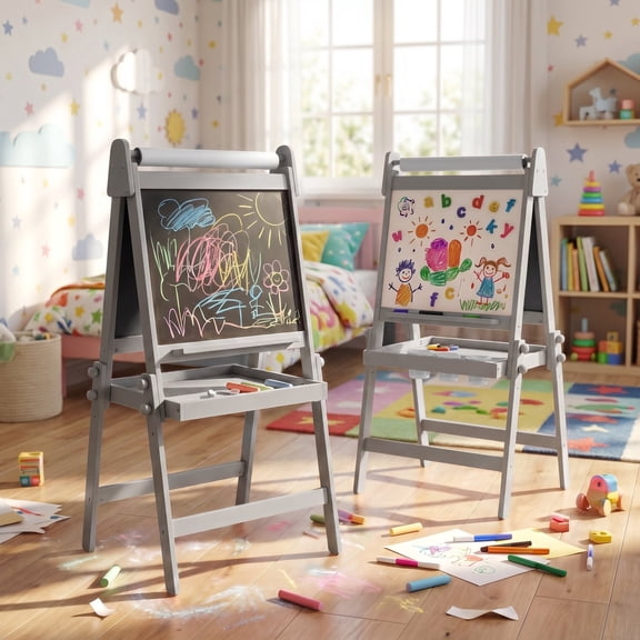 AILEEKISS Folding Kids Easel with Magnetic Whiteboard & Chalkboard, Art Easel for Toddler, Grey