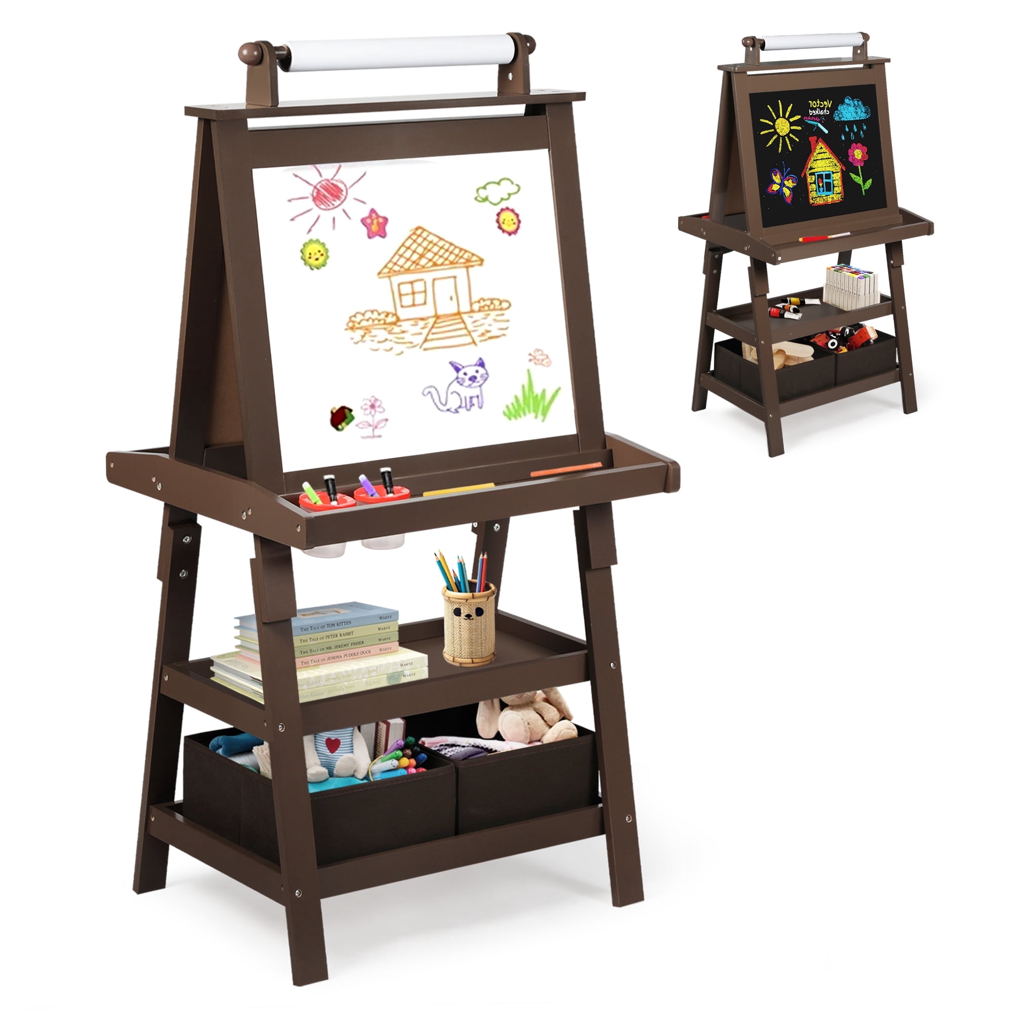 AILEEKISS 3 in 1 Kids Art Easel Double-Sided Magnetic Whiteboard Chalkboard with Paper Roller, Coffee