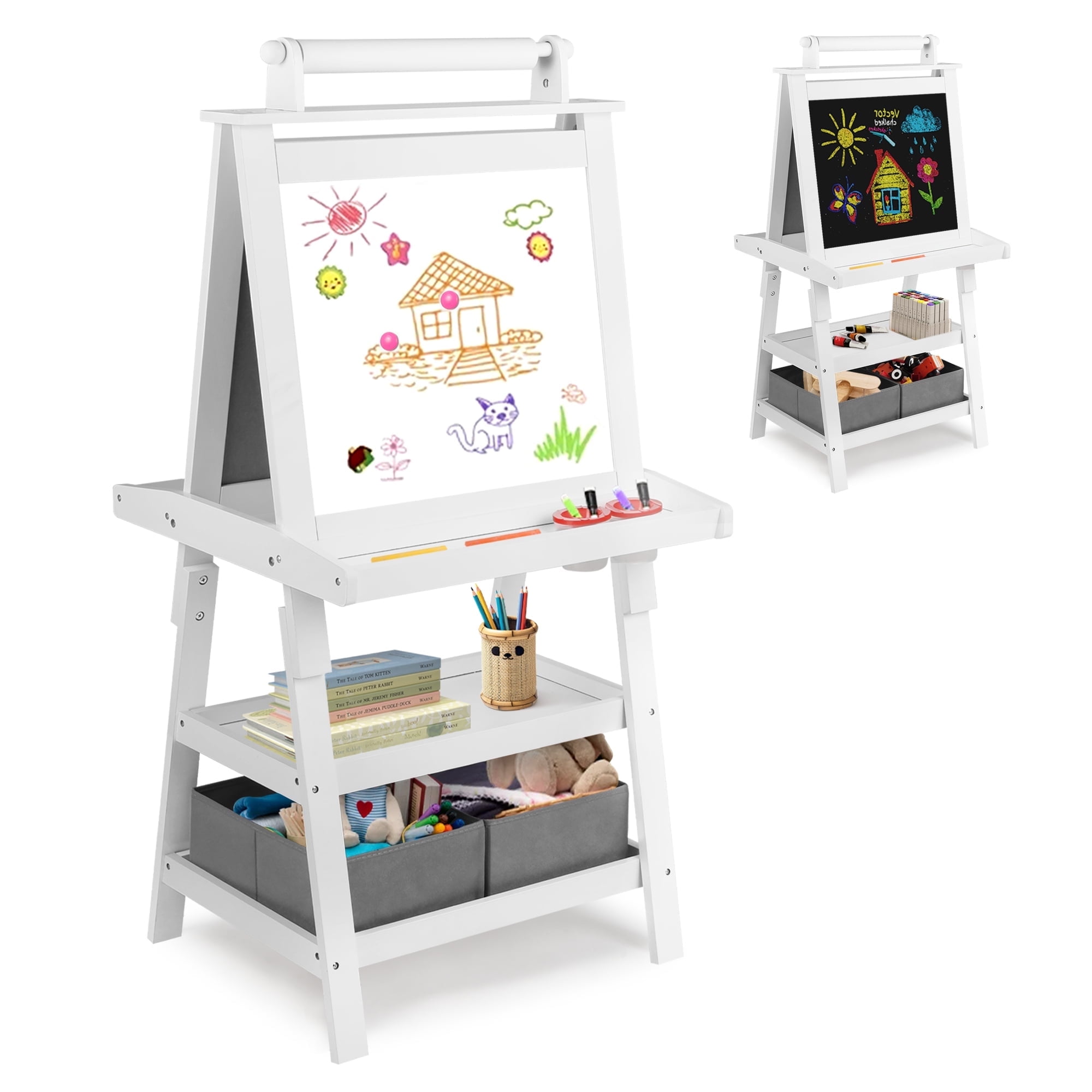 AILEEKISS 3 in 1 Kids Art Easel Double-Sided Magnetic Whiteboard Chalkboard with Paper Roller, White