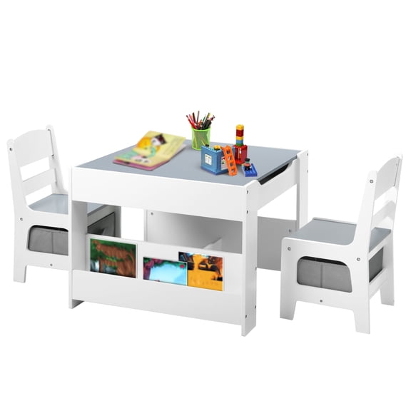 AILEEKISS 4 in 1 Kids Table 2 Chairs Set, Activity Table for Toddler with Storage Shelf, Grey
