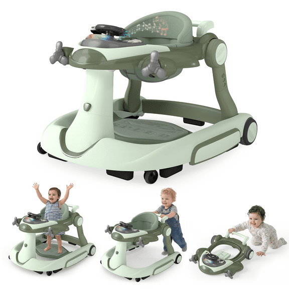 AILEEKISS 5-in-1 Musical Baby Walker with Wheels, Foldable Baby Walker for Boys Girls, Green