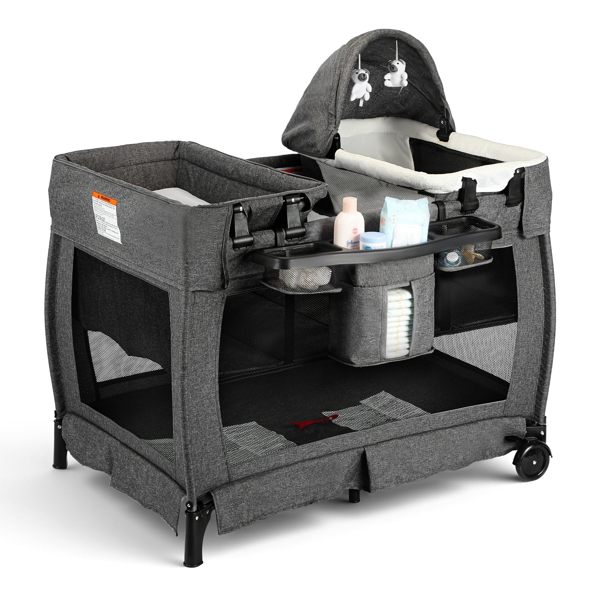 AILEEKISS 3-in-1 Foldable Baby Playard with Bassinet and Changing Table for Newborn, Dark Grey