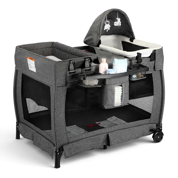 AILEEKISS 3-in-1 Foldable Baby Playard with Bassinet and Changing Table for Newborn, Dark Grey