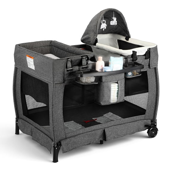 AILEEKISS 3-in-1 Foldable Baby Playard with Bassinet and Changing Table for Newborn, Dark Grey