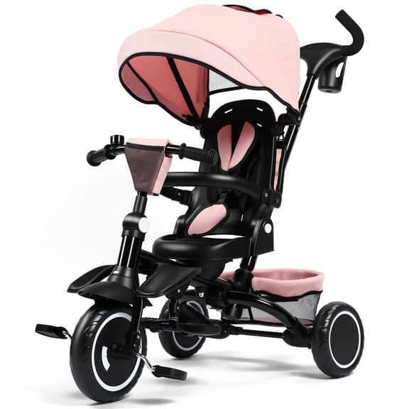 AILEEKISS 7-in-1 Kids' Tricycle with Push Handle, Foldable Trike Bicycles for Kids 1-5 Years, Pink
