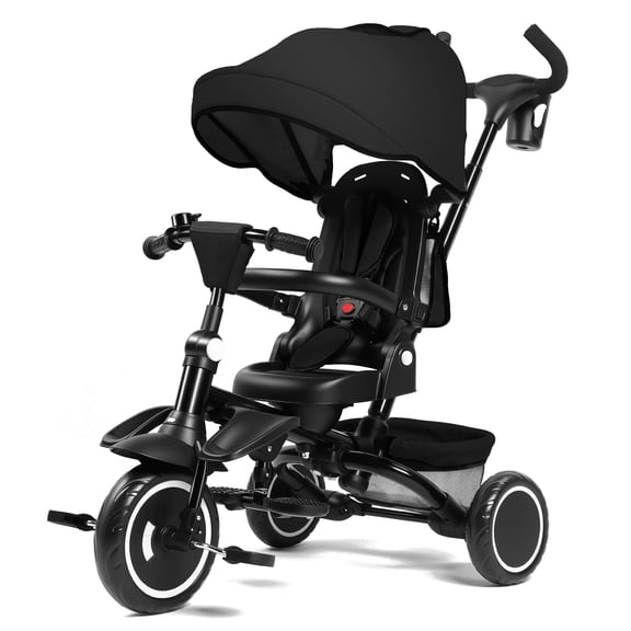 AILEEKISS 7-in-1 Kids' Tricycle with Push Handle, Foldable Trike Bicycles for Kids 1-5 Years, Black