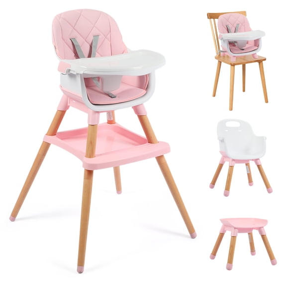AILEEKISS 7 in 1 Wooden Baby High Chair for Toddler, Infant Feeding Chair with Removable Tray, Pink