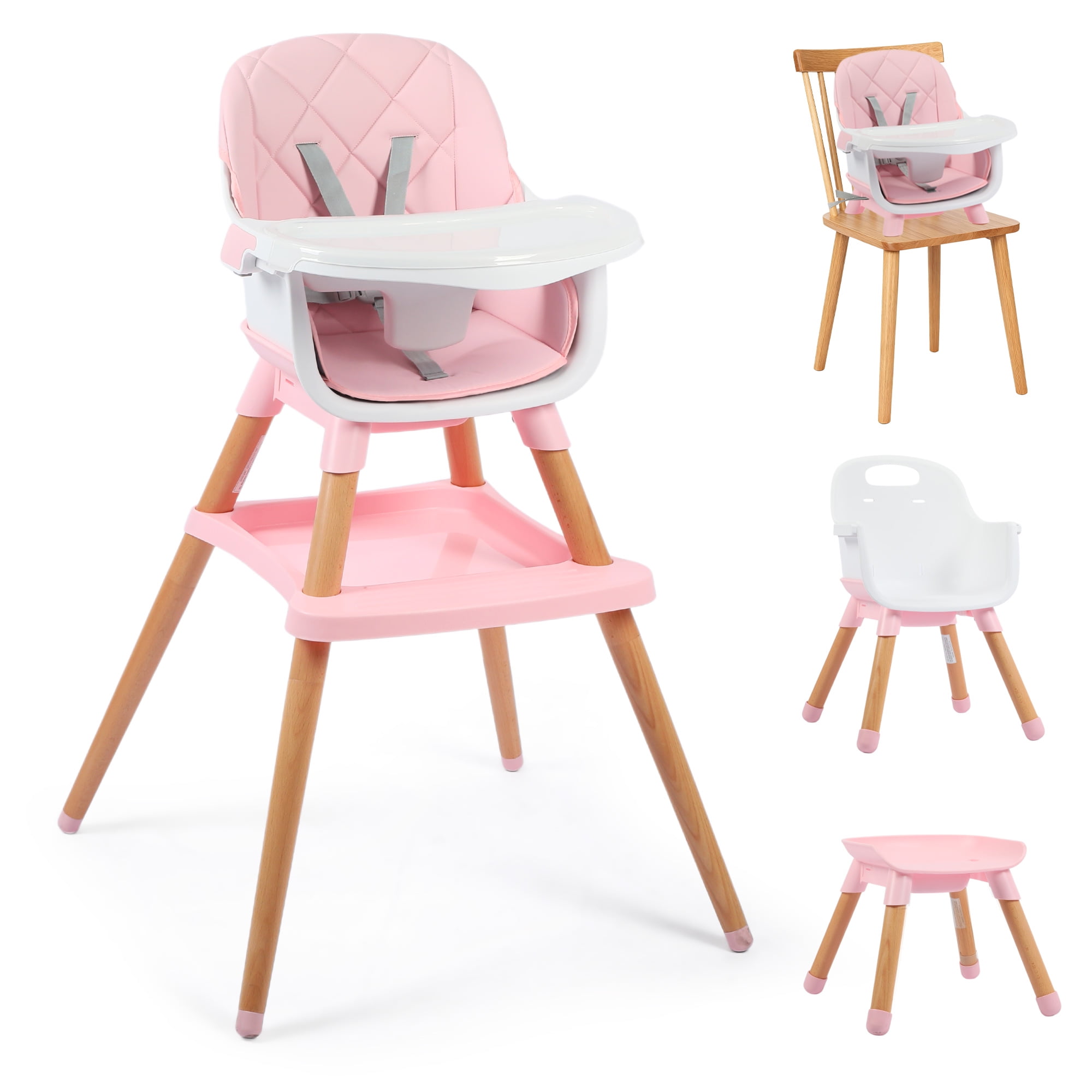 AILEEKISS 7 in 1 Wooden Baby High Chair for Toddler Infant Feeding Chair with Removable Tray Pink