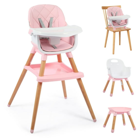AILEEKISS 7 in 1 Wooden Baby High Chair for Toddler, Infant Feeding Chair with Removable Tray, Pink