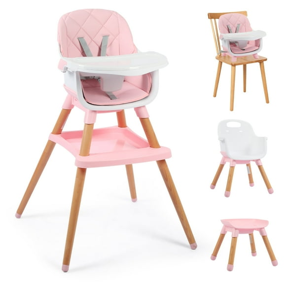 AILEEKISS 7 in 1 Wooden Baby High Chair for Toddler, Infant Feeding Chair with Removable Tray, Pink