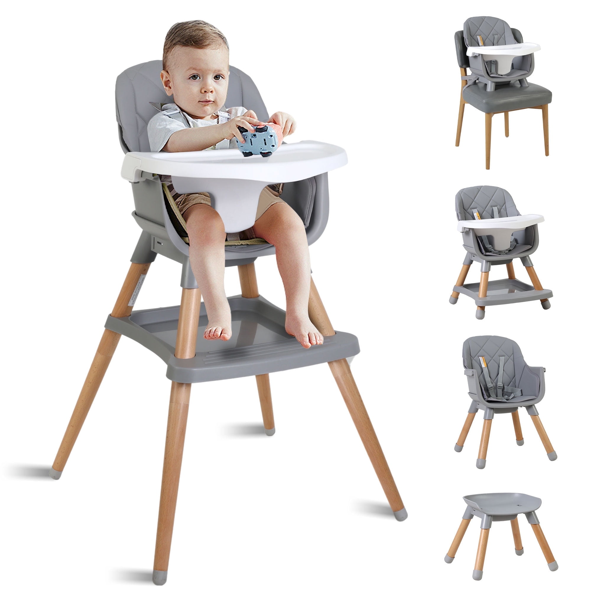 AILEEKISS 7 in 1 Wooden Baby High Chair for Toddler Infant Feeding Chair with Removable Tray Pink