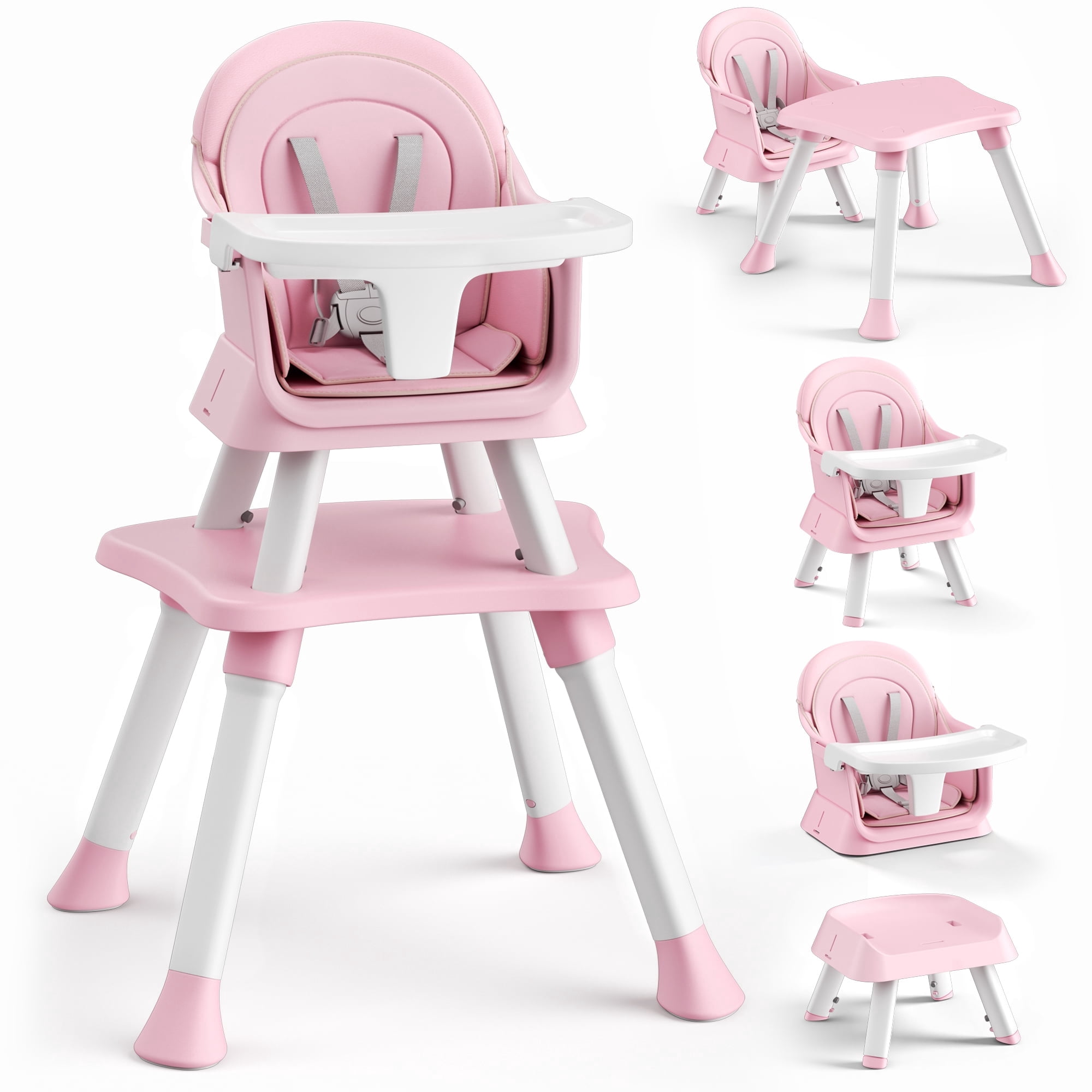 AILEEKISS 8-in-1 Baby High Chair, Toddler Booster Seat with Dishwasher-Safe Tray, Pink White