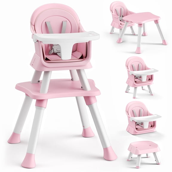 AILEEKISS 8-in-1 Baby High Chair, Toddler Booster Seat with Dishwasher-Safe Tray, Pink White
