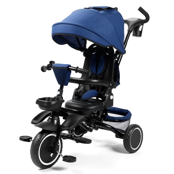 AILEEKISS 8-in-1 Kids Tricycle with Parental Bar, Folding Ride Trike for Child 1-6 Years, Blue