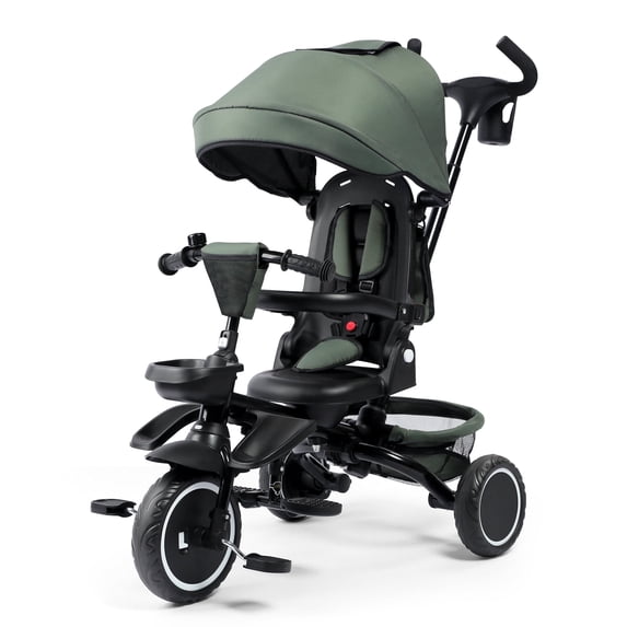 AILEEKISS 8-in-1 Kids Tricycle with Parental Bar, Folding Ride Trike for Child 1-6 Years, Military Green