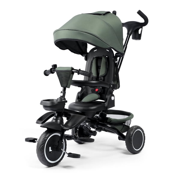 AILEEKISS 8-in-1 Kids Tricycle with Parental Bar, Folding Ride Trike for Child 1-6 Years, Military Green