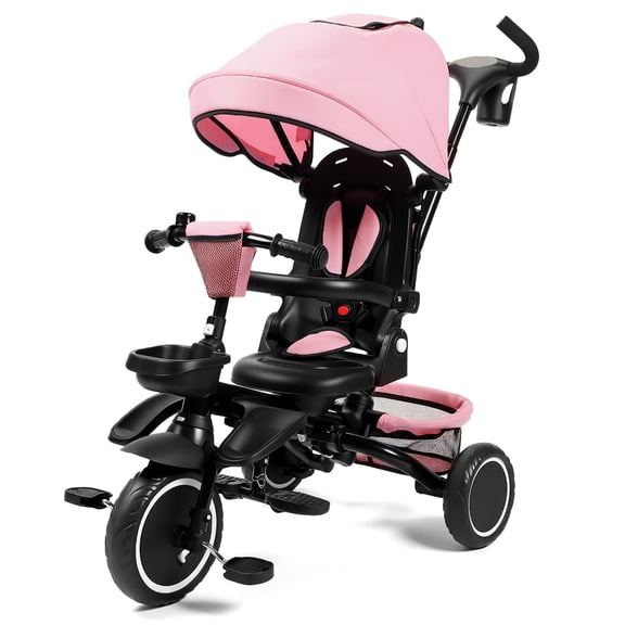 AILEEKISS 8-in-1 Kids Tricycle with Parental Bar, Folding Ride Trike for Child 1-6 Years, Pink