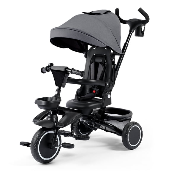 AILEEKISS 8-in-1 Kids Tricycle with Parental Bar, Folding Ride Trike for Child 1-6 Years, Grey