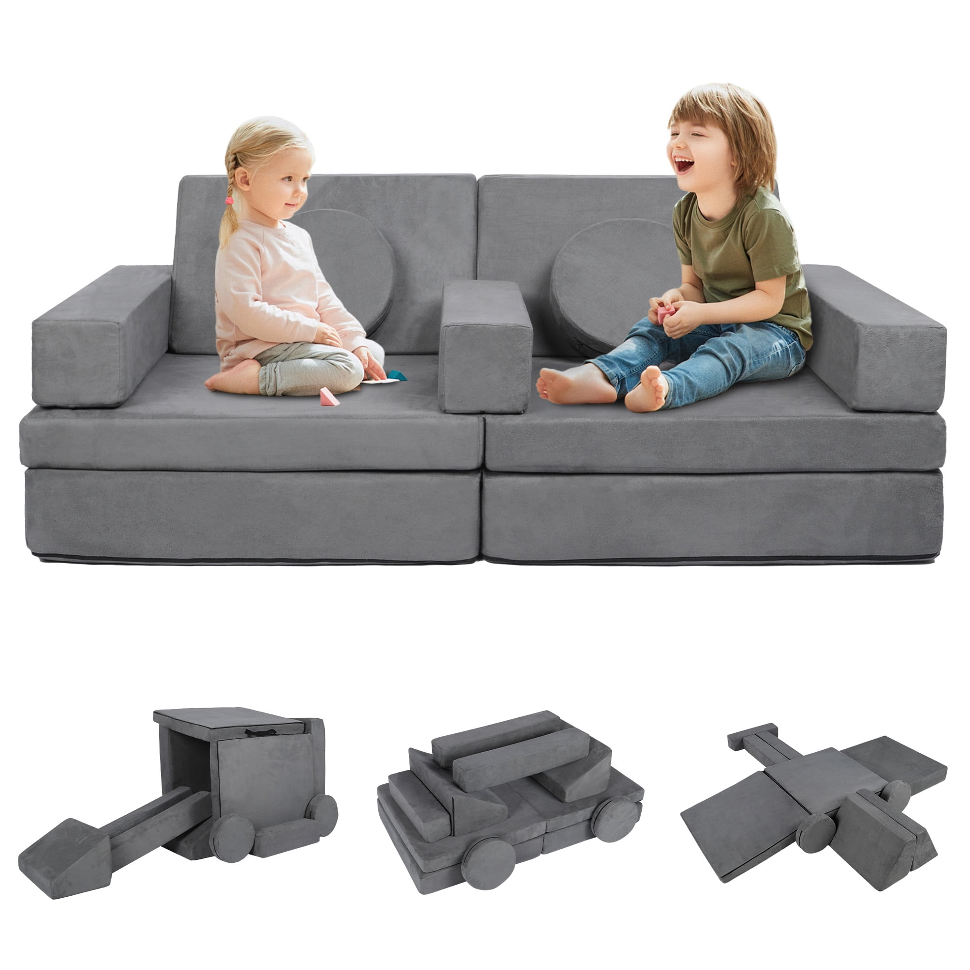 AILEEKISS 9 Pcs Kids Sofa Couch Playset, Indoor Baby Play Couch Furniture for Toddler, Grey