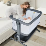 AILEEKISS Baby Bassinet Bedside Sleeper with Wheels, Newborn Baby Cribs w/Storage Basket, Grey