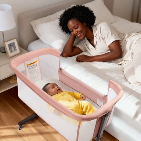 AILEEKISS Baby Bassinet with Wheels Adjustable Bedside Sleeper Bassinet Newborn Baby Crib, Pink