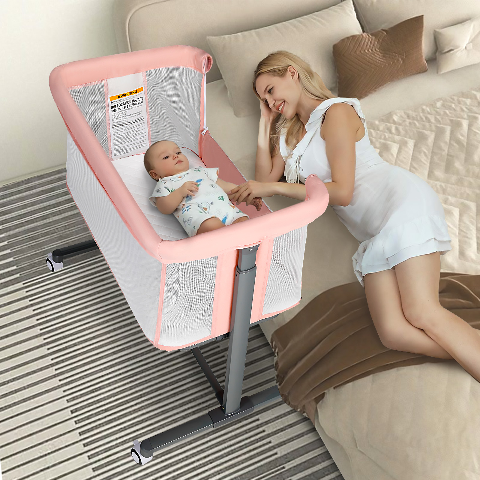 AILEEKISS Baby Bassinet With Wheels Adjustable Bedside Sleeper Bassinet 