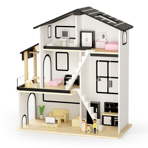 AILEEKISS Dollhouse for Kids with 20 Pieces Furniture Set, 3-Story Dream House with Puzzle Patio, White