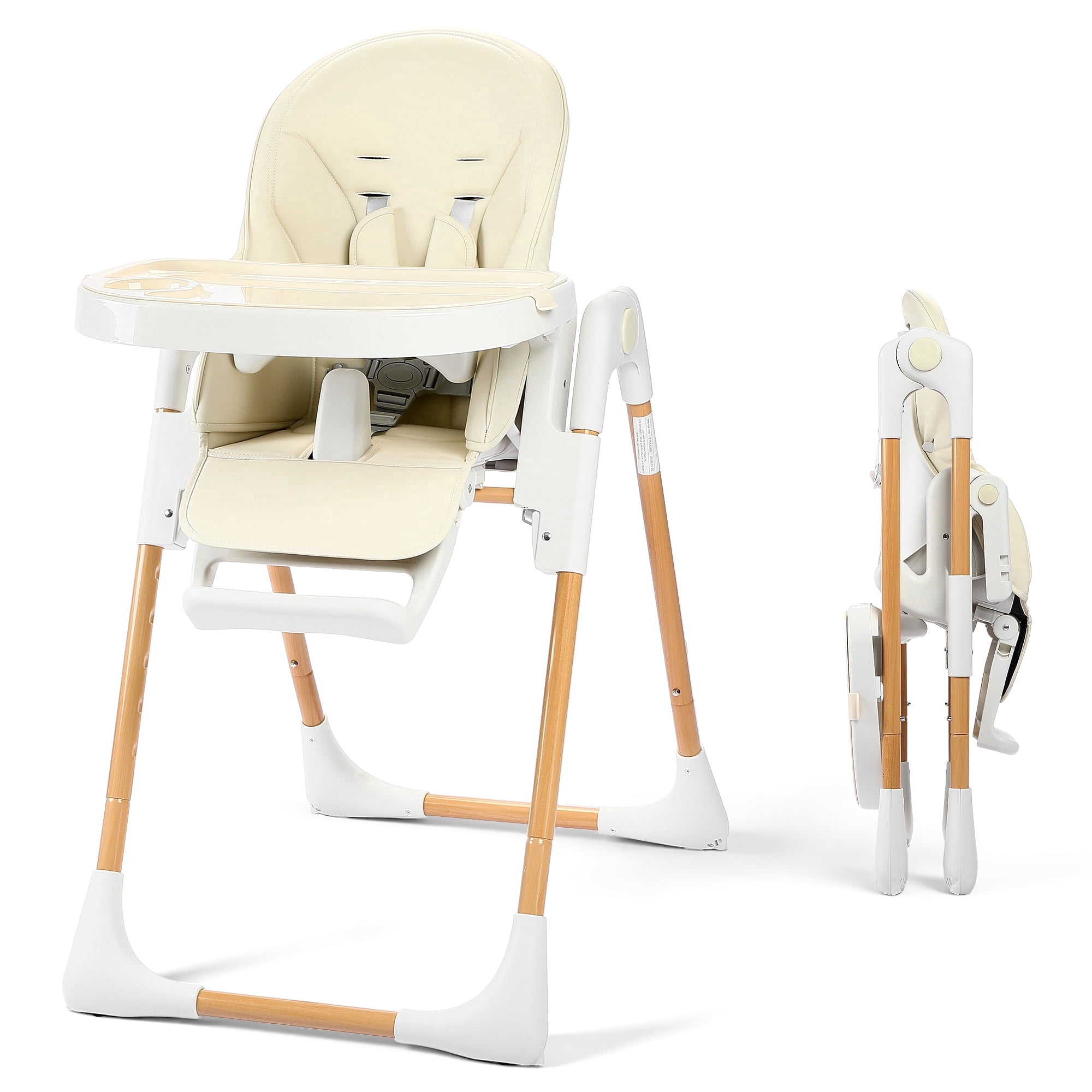 AILEEKISS Foldable High Chair for Baby, Toddler Eating Chair with Detachable Double Trays, Natural Beige