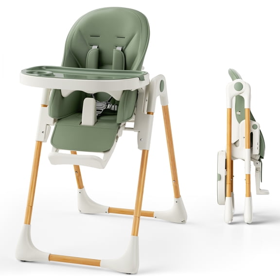 AILEEKISS Foldable High Chair for Baby, Toddler Eating Chair with Detachable Double Trays, Natural Green