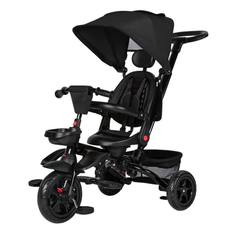 AILEEKISS Foldable Kids Tricycle with Push Handle, 7-in-1 Ride Trike for Infant 1-5 Years, Black