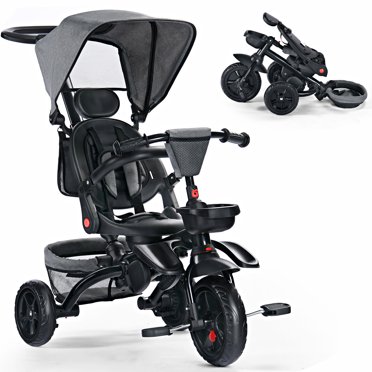 7 In 1 Baby Tricycle, Foldable Toddler Tricycle With Removable And Adjustable Parent Handle, Toddler Push Bike With Removable Pedal, Canopy, And Guardrail, Tricycle For 12-72 Months (Ivory