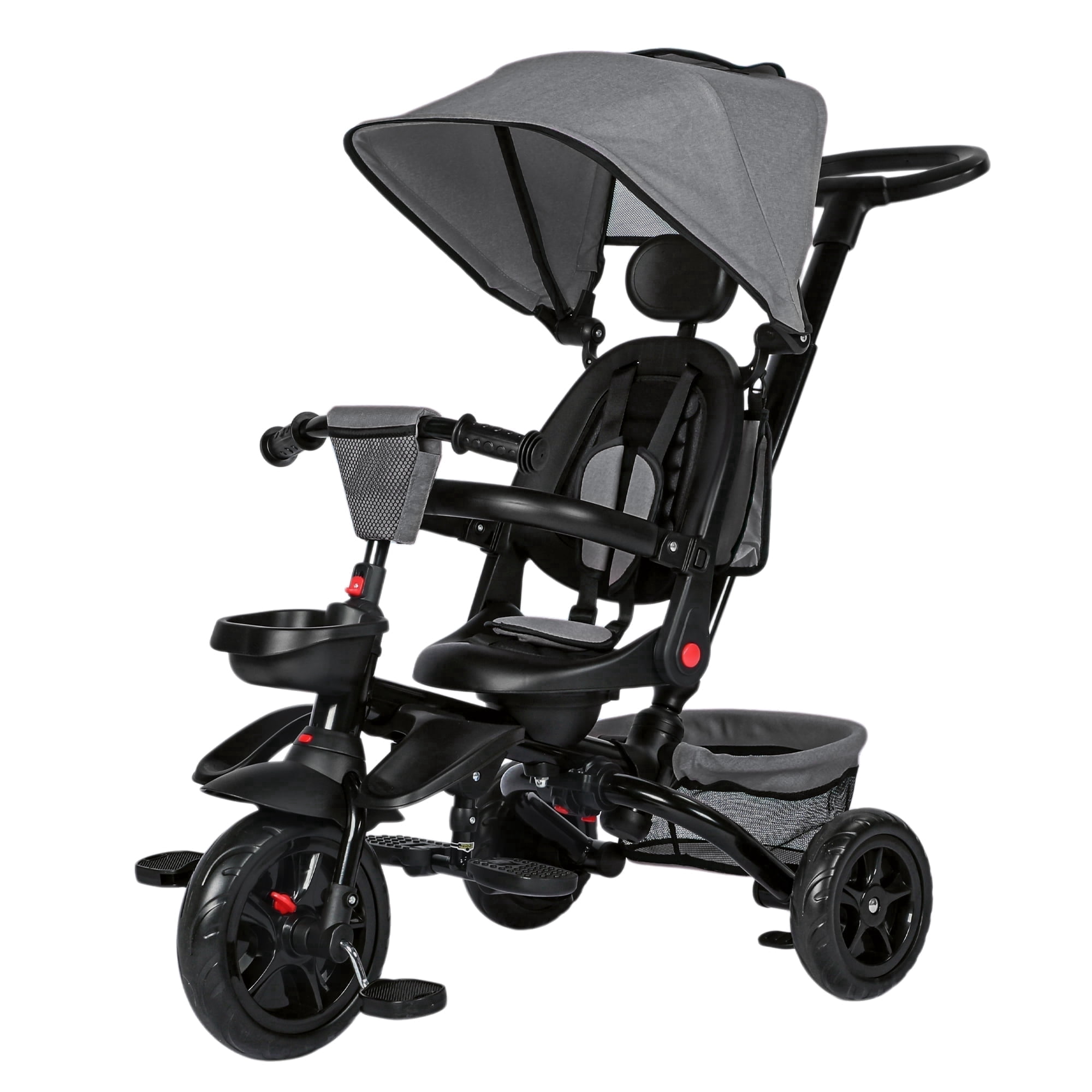 AILEEKISS Foldable Kids Tricycle with Push Handle, 7-in-1 Ride Trike for Infant 1-5 Years, Grey