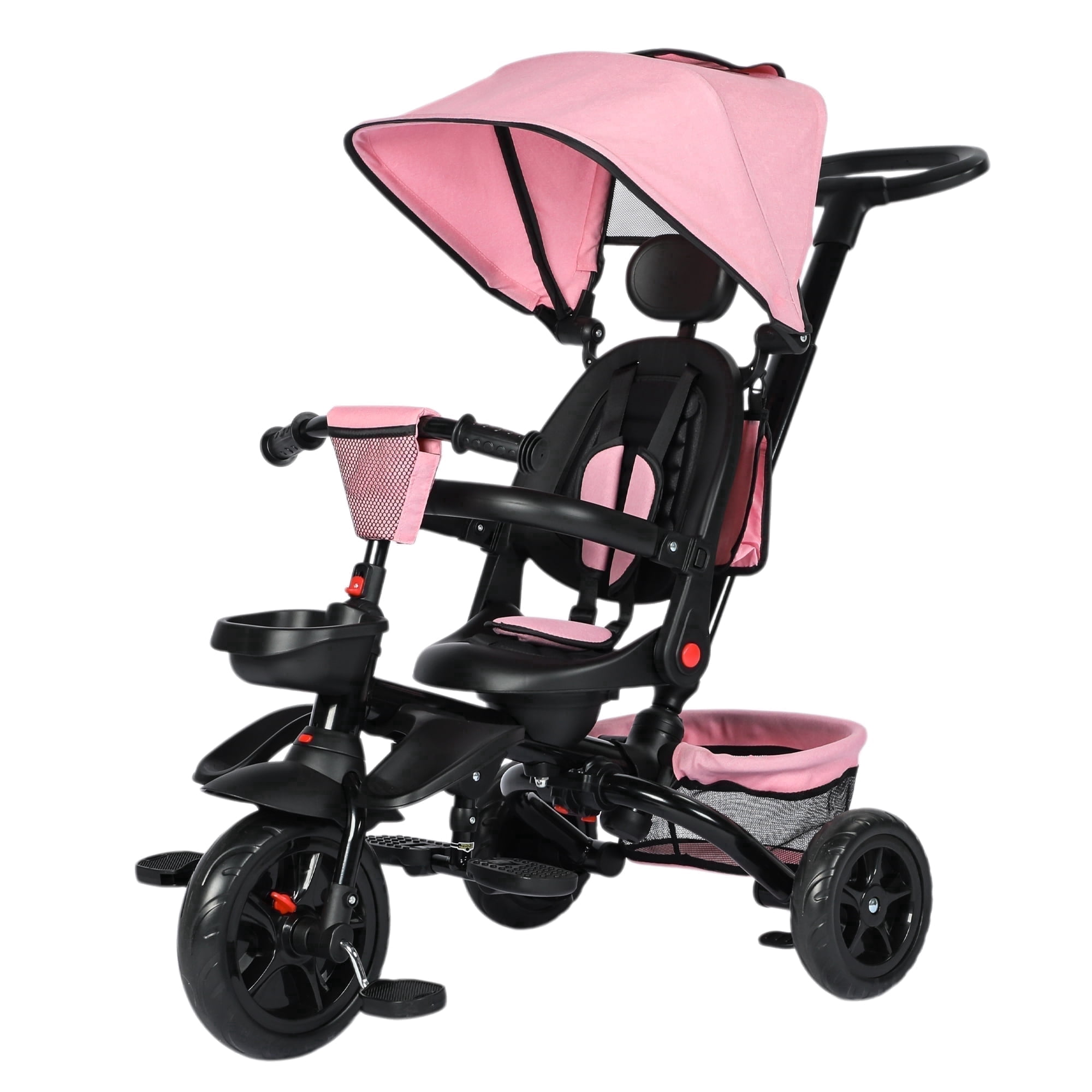 AILEEKISS Foldable Kids Tricycle with Push Handle, 7-in-1 Ride Trike for Infant 1-5 Years, Pink