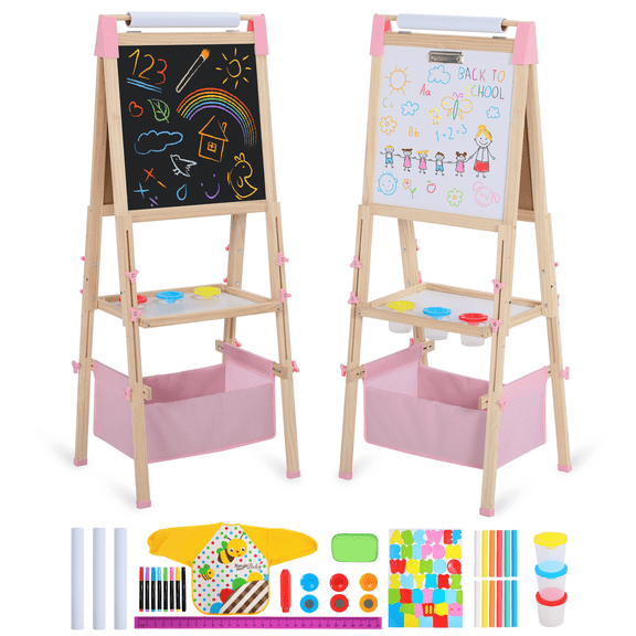 AILEEKISS Kids Art Easel Double-Sided Art Easel with Whiteboard and Chalkboard for Painting, Pink