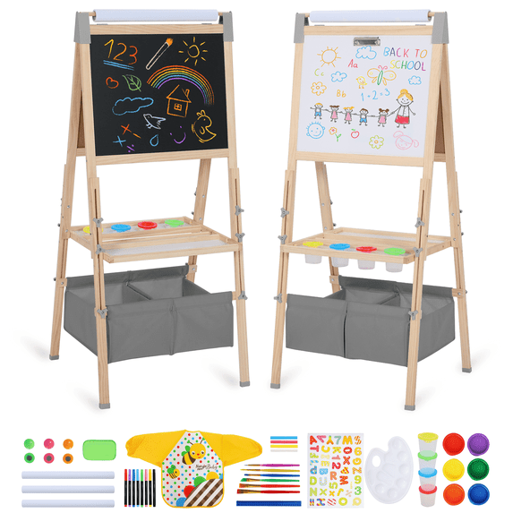 AILEEKISS Kids Art Easel Double-Sided Art Easel with Whiteboard and Chalkboard for Painting, Grey
