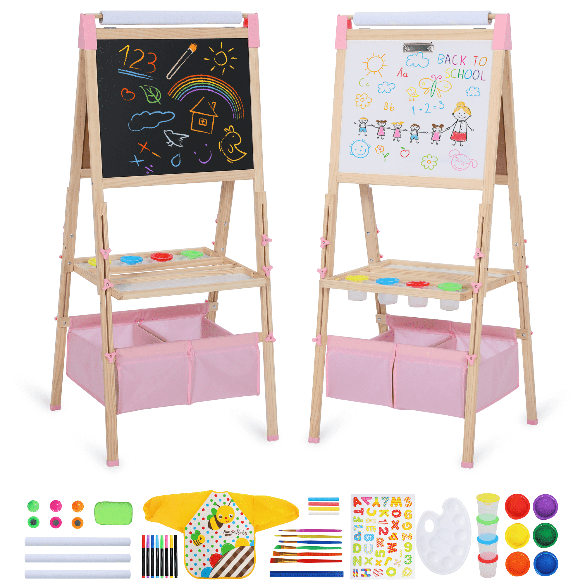 AILEEKISS Kids Art Easel Double-Sided Art Easel with Whiteboard and Chalkboard for Painting, Pink