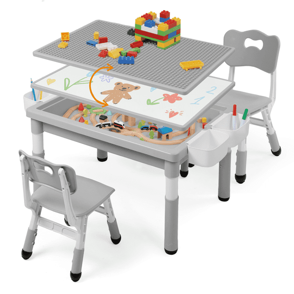 AILEEKISS Kids Table and Chair Set, Children Lego Table Play Activity Desk for Drawing, Grey
