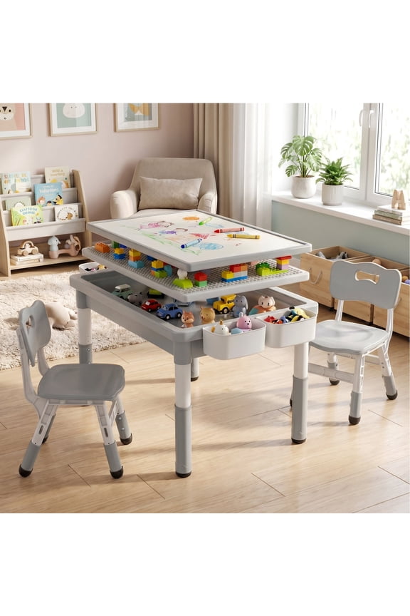 Kids Table and Chair Set, Children Lego Table Play Activity Desk for Drawing, Grey