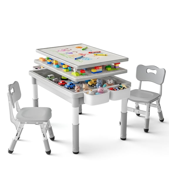 AILEEKISS Kids Table and Chair Set, Children Lego Table Play Activity Desk for Drawing, Grey