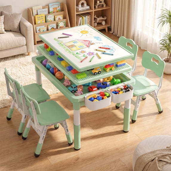 AILEEKISS Kids Table and 4 Chair Set, Children Lego Table Play Activity Desk for Drawing, Green