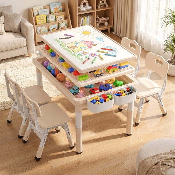 AILEEKISS Kids Table and 4 Chair Set, Children Lego Table Play Activity Desk for Drawing, Khaki