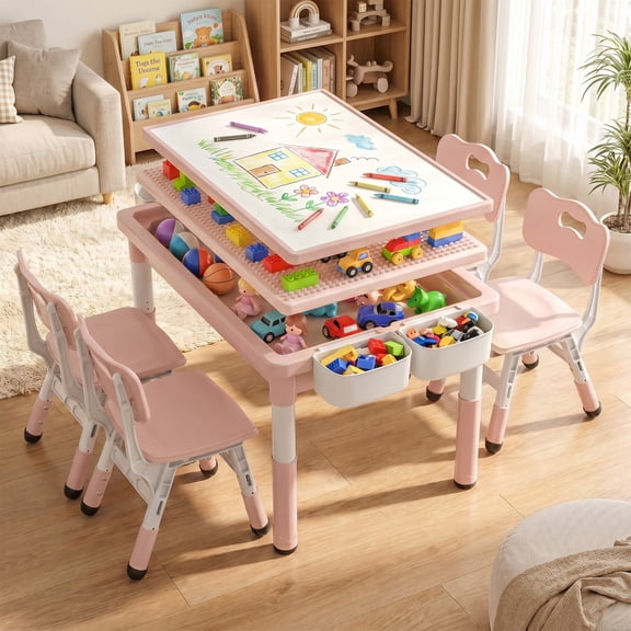 AILEEKISS Kids Table and 4 Chair Set, Children Lego Table Play Activity Desk for Drawing, Pink