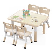 AILEEKISS Kids Table and 4 Chair Set, Height Adjustable Kids Art Table Play Desk for Toddler, Beige