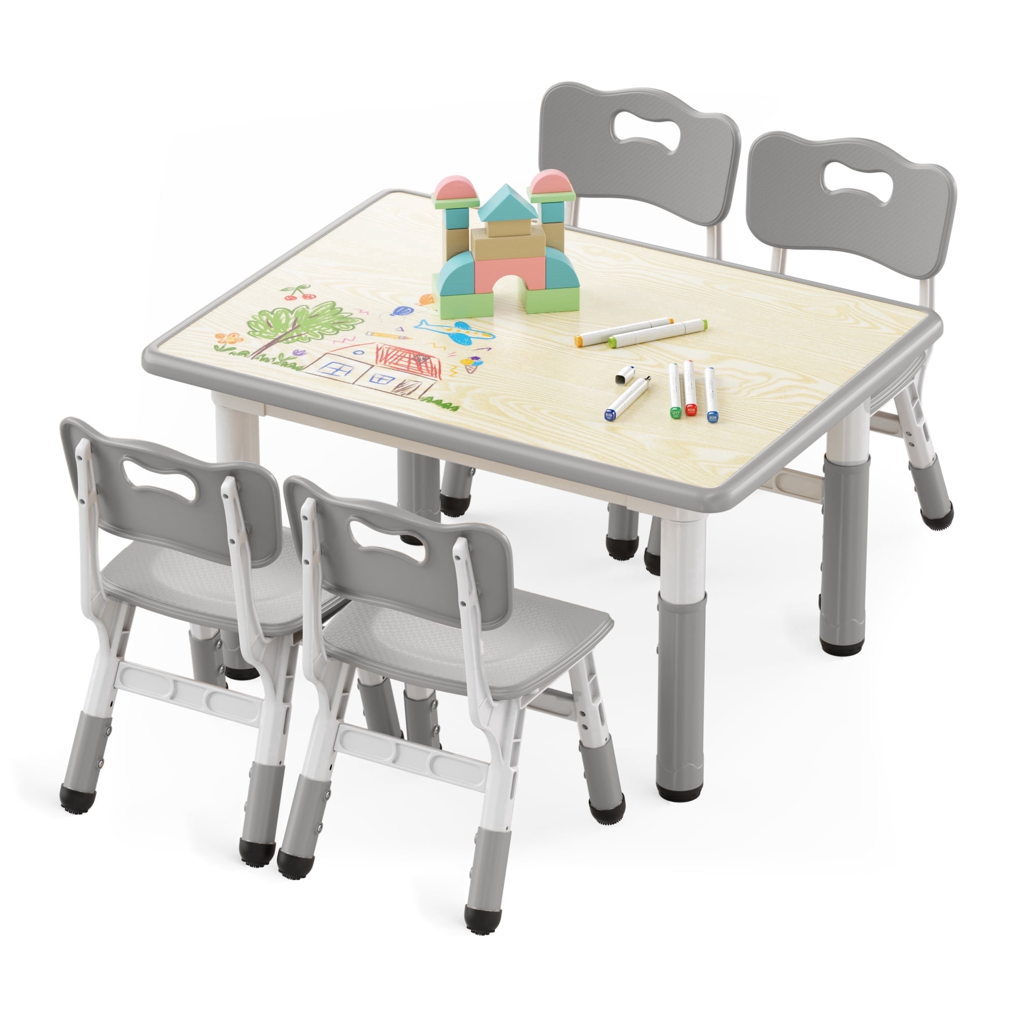 AILEEKISS Kids Table and 4 Chair Set, Height Adjustable Kids Art Table Play Desk for Toddler, Grey