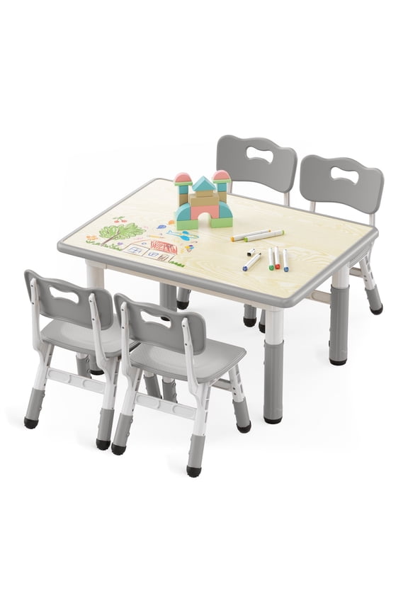 Kids Table and 4 Chair Set, Height Adjustable Kids Art Table Play Desk for Toddler, Grey