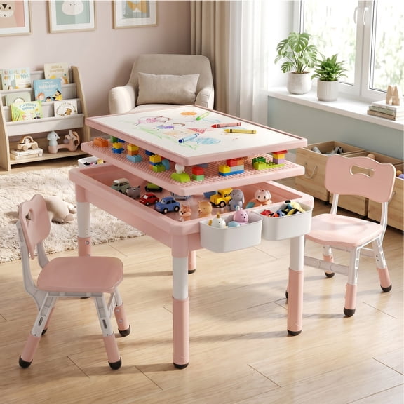 AILEEKISS Kids Table and Chair Set, Children Lego Table Play Activity Desk for Drawing, Pink