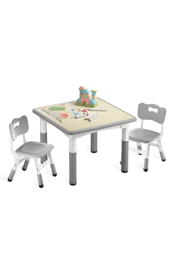 Kids Table and 2 Chair Set, Height Adjustable Kids Art Table Play Desk for Toddler, Grey