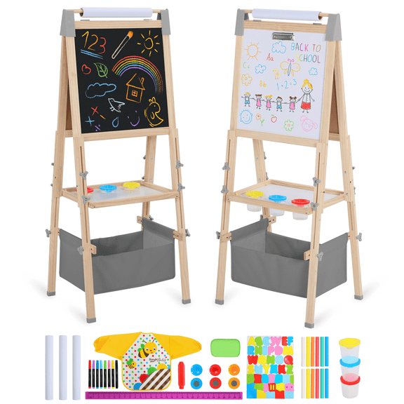AILEEKISS Kids Art Easel Double-Sided Art Easel with Whiteboard and Chalkboard for Painting, Grey
